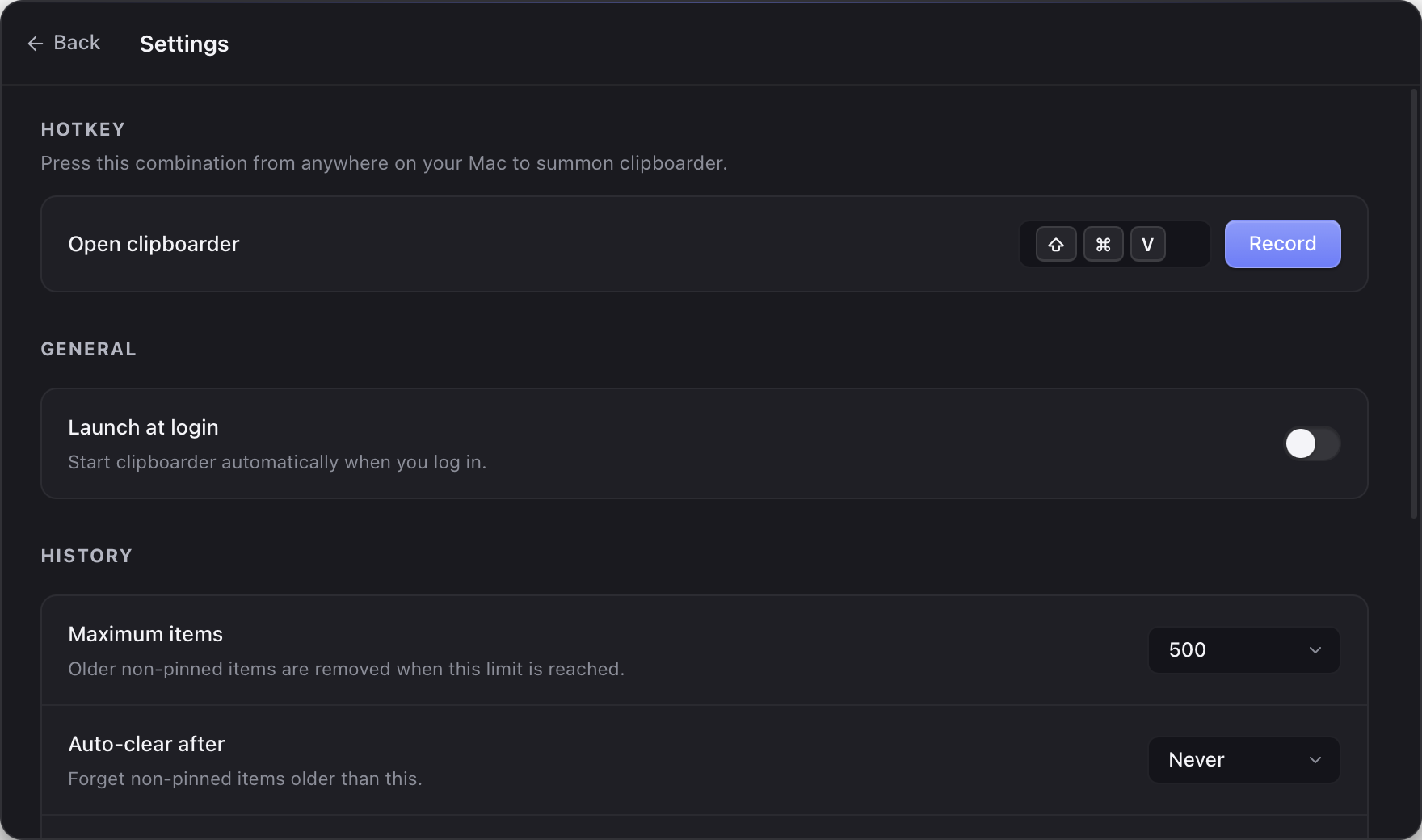 Settings panel