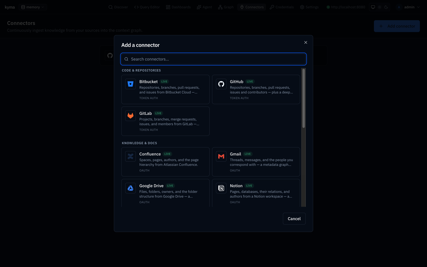 The add-data-source catalog in the pensieve UI