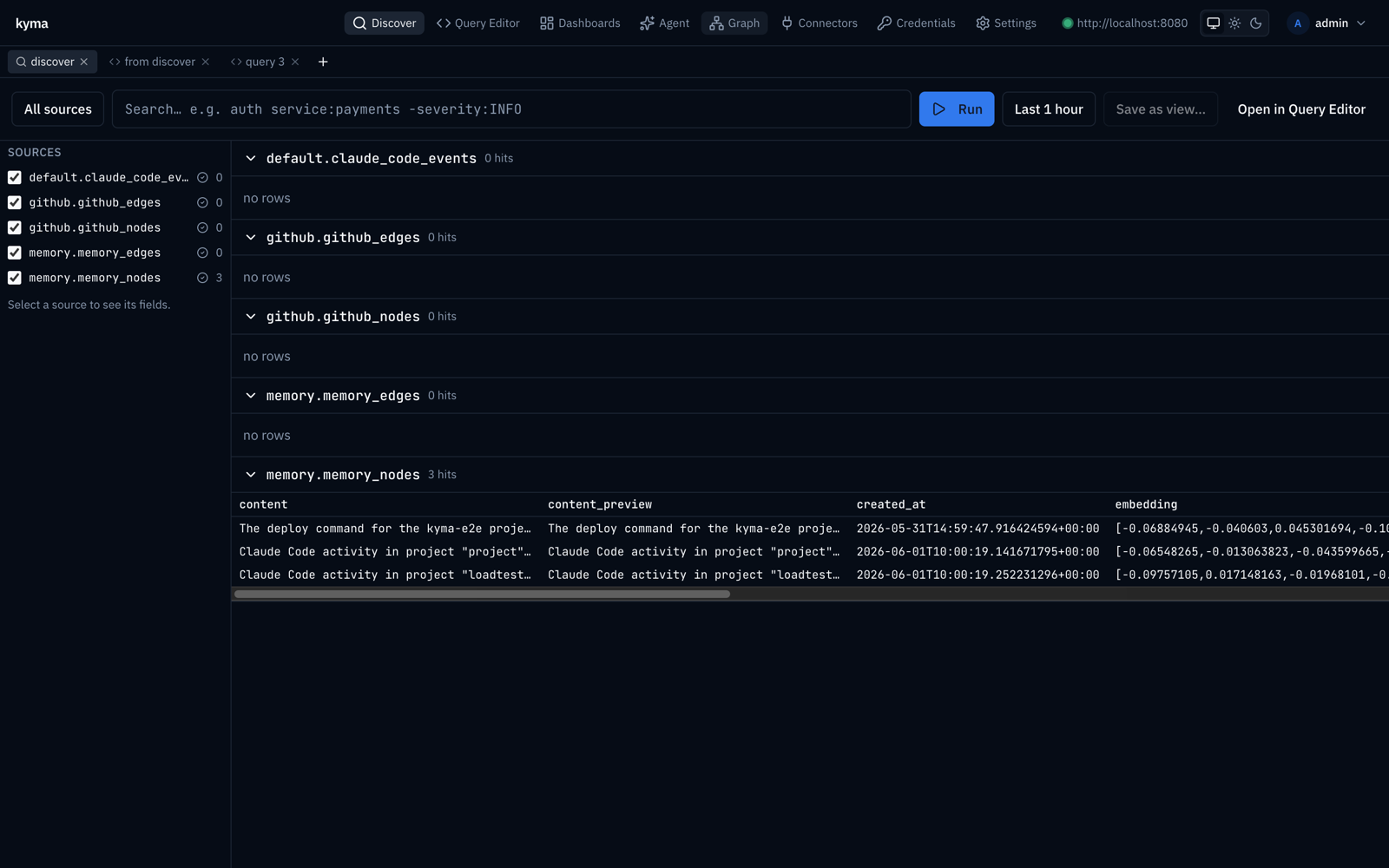 The Discover search UI querying across sources