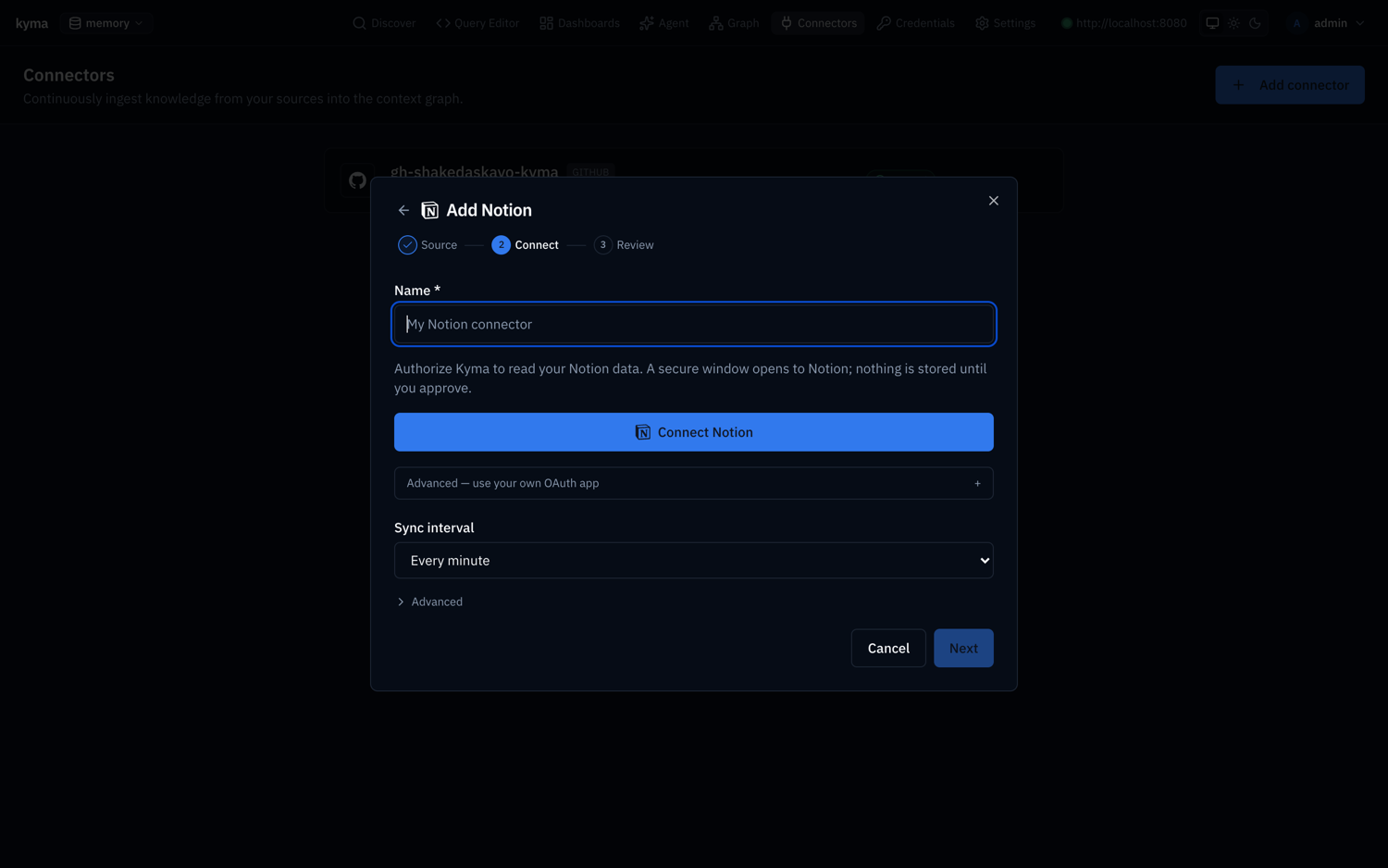 The Connect step of the add-data-source wizard